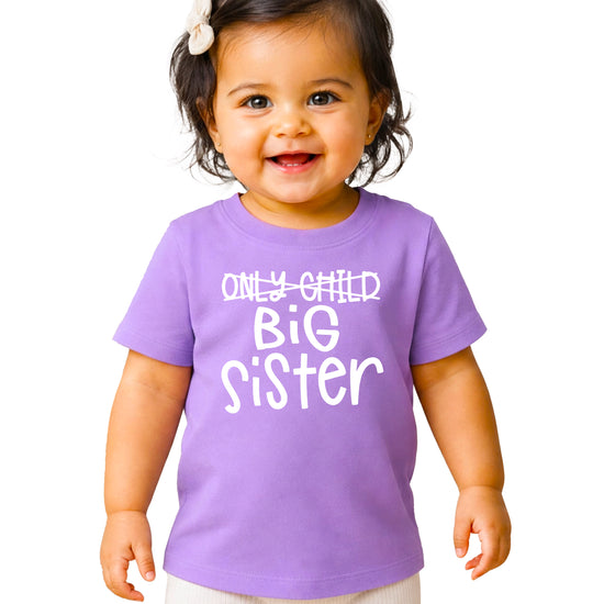 Only Child Big Sister shirt in Purple, white crossed-out Only Child graphic, front view