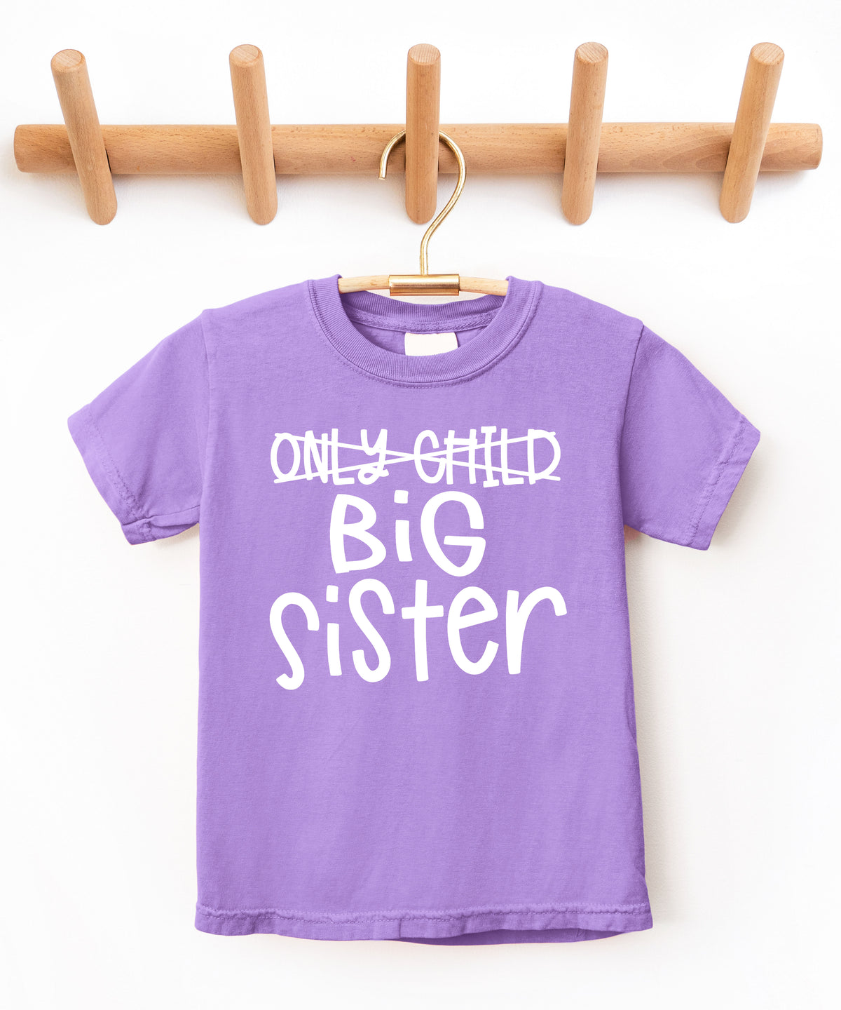 Purple Only Child Big Sister sibling announcement tee for girls, view 2