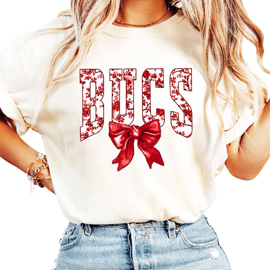 Bucs red floral bow school spirit tee for women, Ivory Comfort Colors shirt, front view