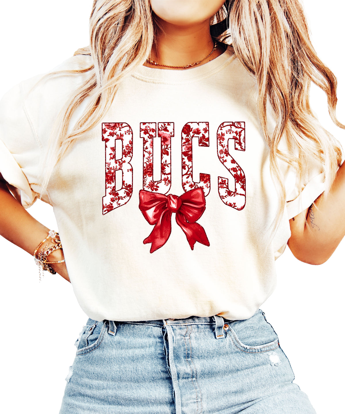 Bucs red floral bow school spirit tee for women, Ivory Comfort Colors shirt, front view
