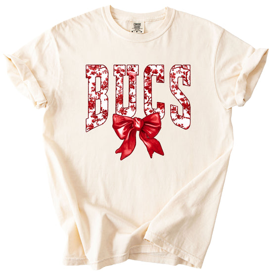 Bucs red floral bow school spirit tee, Ivory, close-up of ink-printed floral lettering and red coquette bow