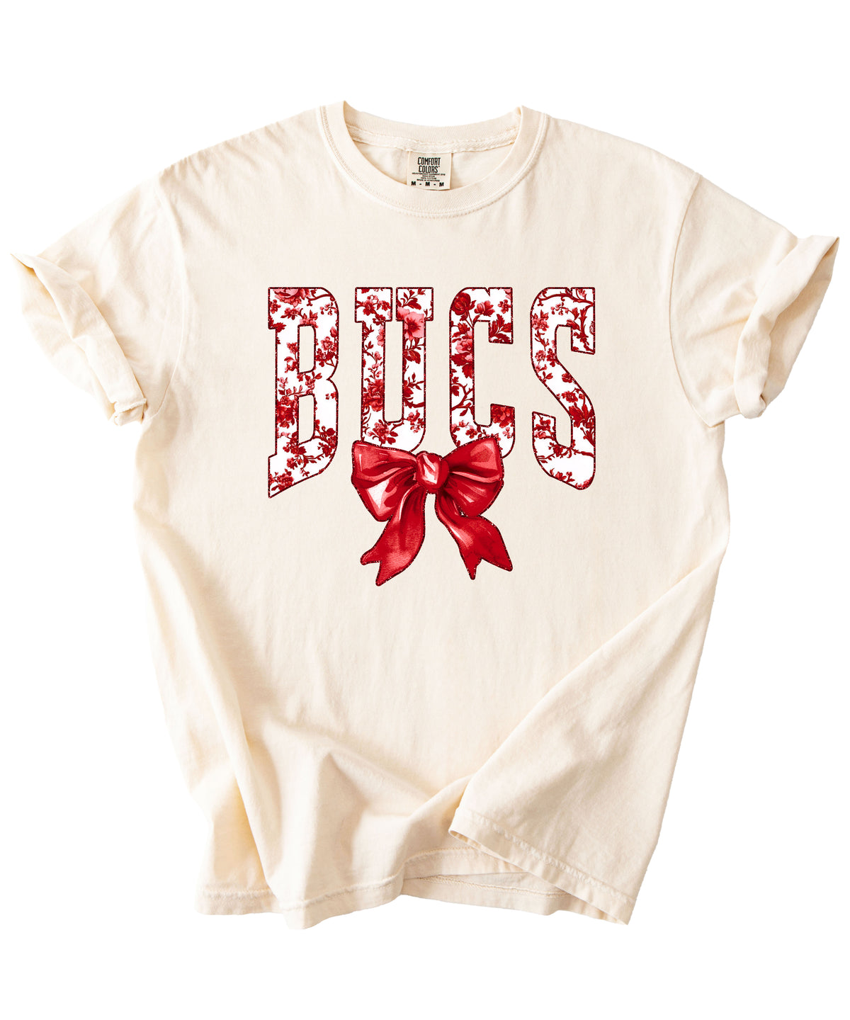 Bucs red floral bow school spirit tee, Ivory, close-up of ink-printed floral lettering and red coquette bow
