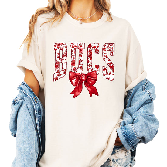 Bucs red floral bow school spirit tee in Ivory, styled lifestyle view
