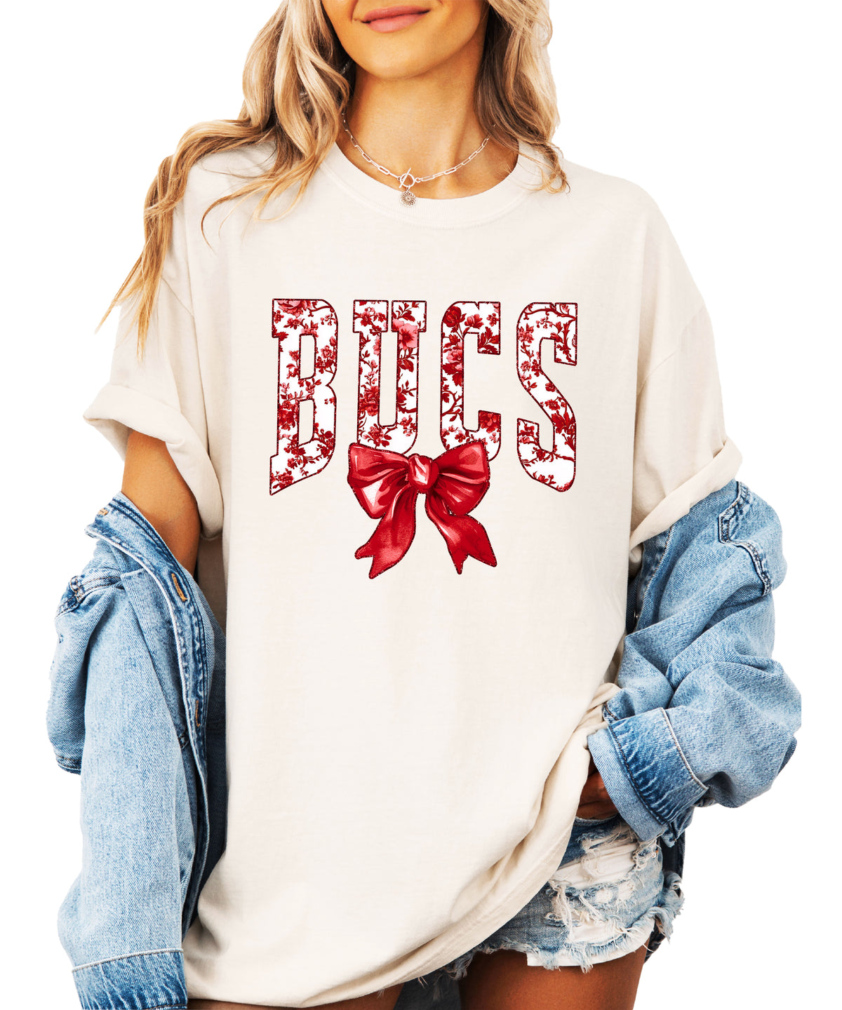 Bucs red floral bow school spirit tee in Ivory, styled lifestyle view