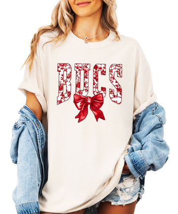 Bucs red floral bow school spirit tee in Ivory, styled lifestyle view