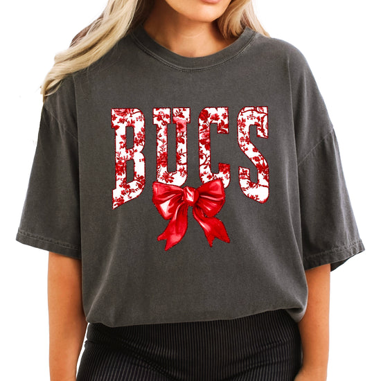 Bucs red floral bow school spirit tee for women, Pepper Comfort Colors shirt, front view