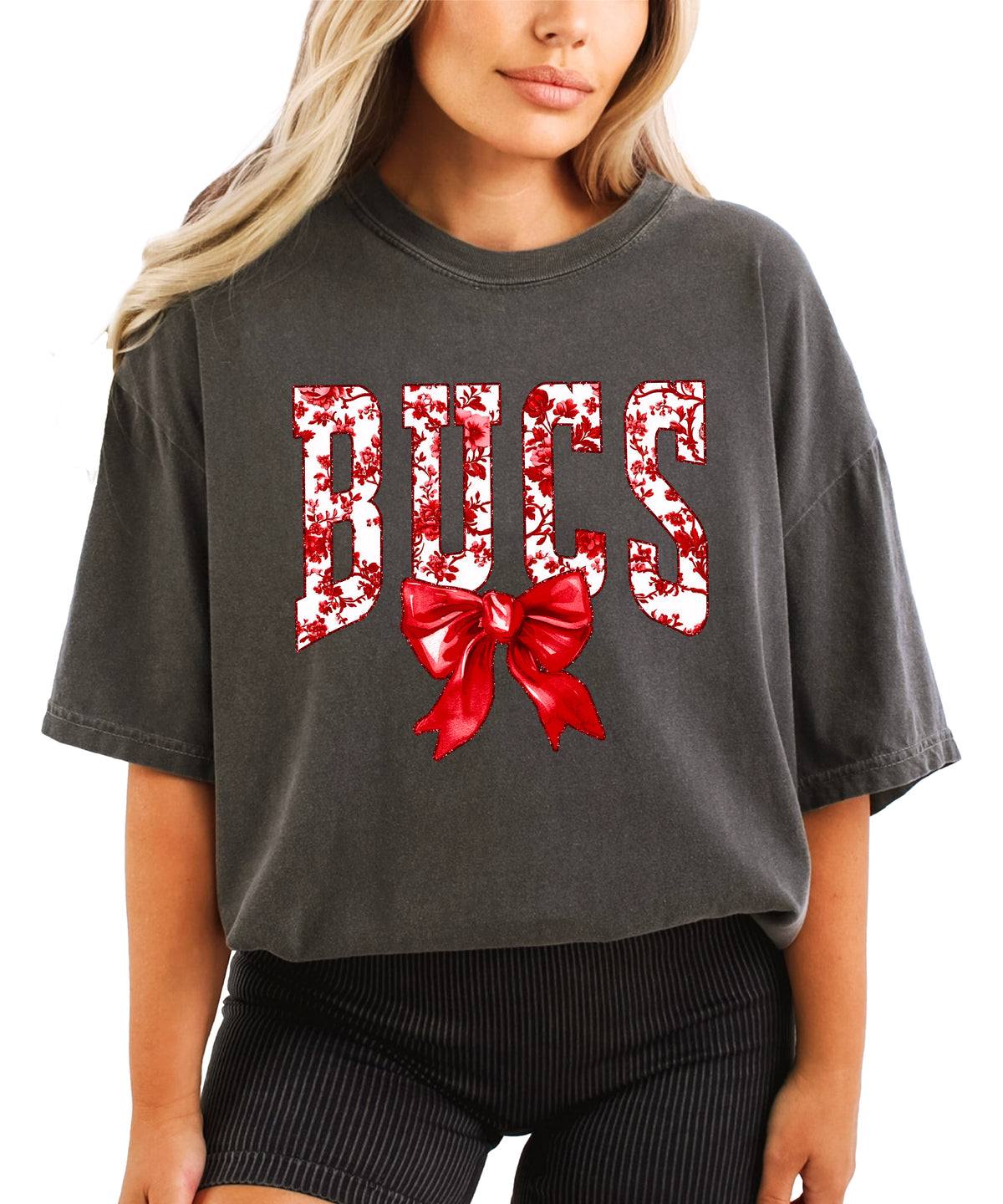Bucs red floral bow school spirit tee for women, Pepper Comfort Colors shirt, front view