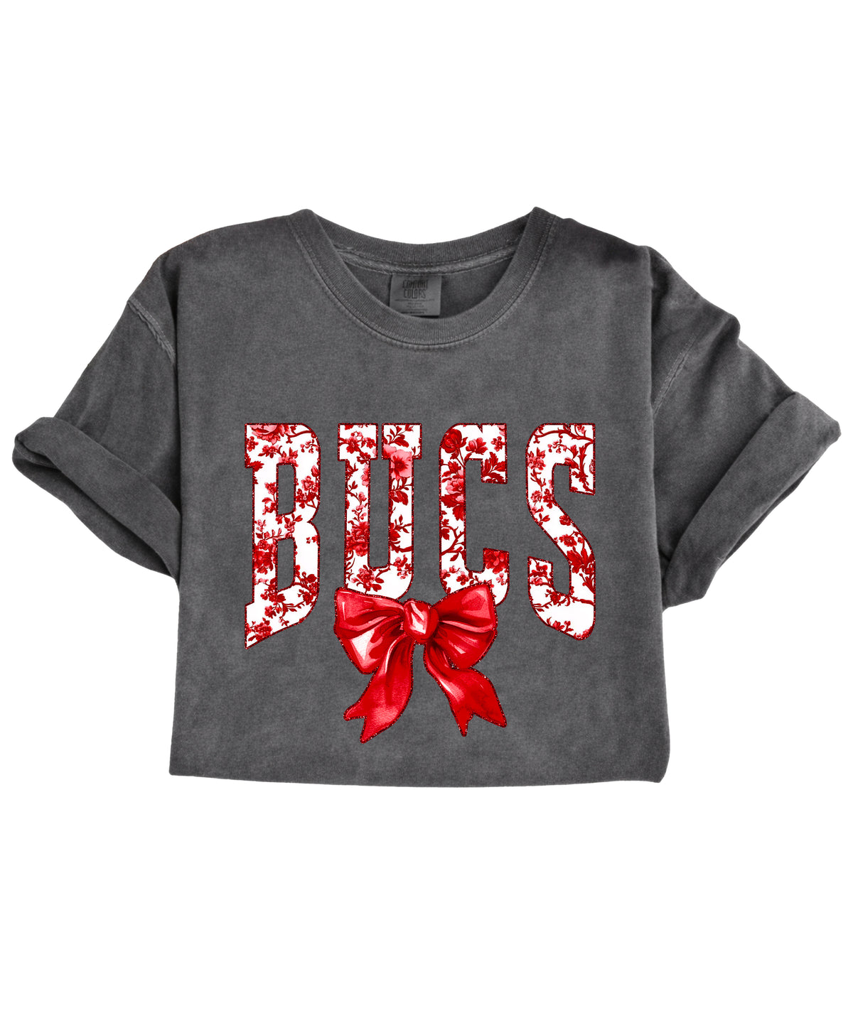 Bucs red floral bow school spirit tee, Pepper, close-up of ink-printed floral lettering and red coquette bow