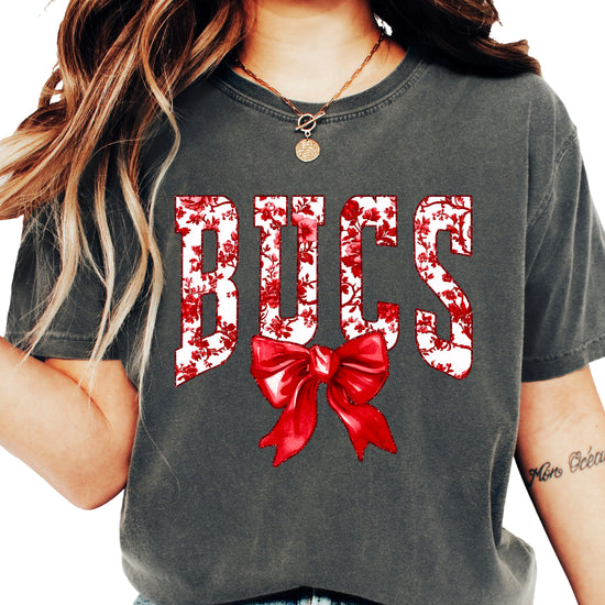 Bucs red floral bow school spirit tee in Pepper, styled lifestyle view