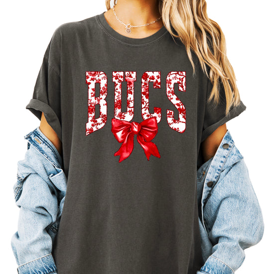 Bucs red floral bow school spirit tee in Pepper, additional view