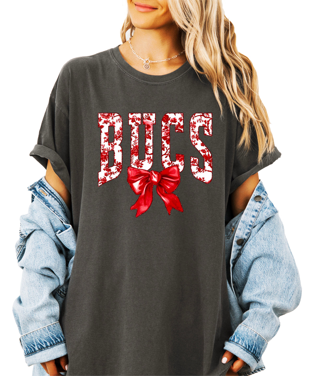Bucs red floral bow school spirit tee in Pepper, additional view