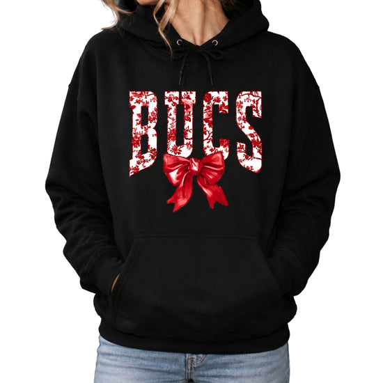Black hoodie front view with red floral BUCS varsity lettering and red bow