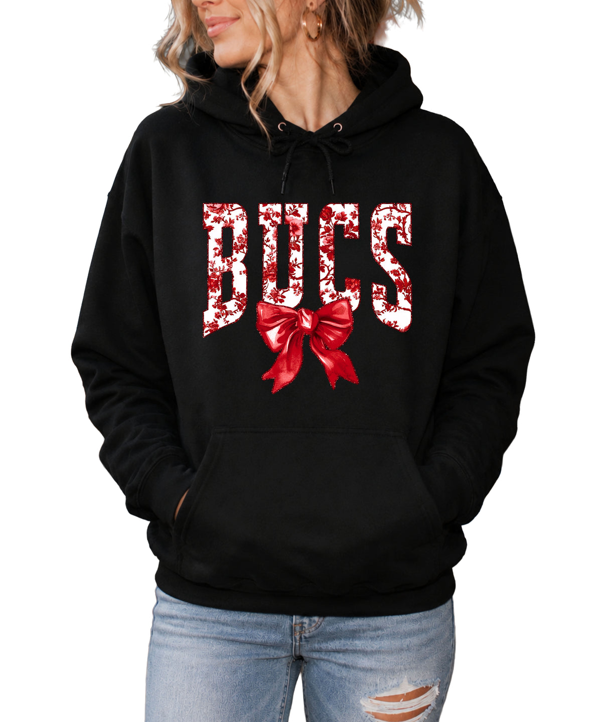 Black hoodie front view with red floral BUCS varsity lettering and red bow