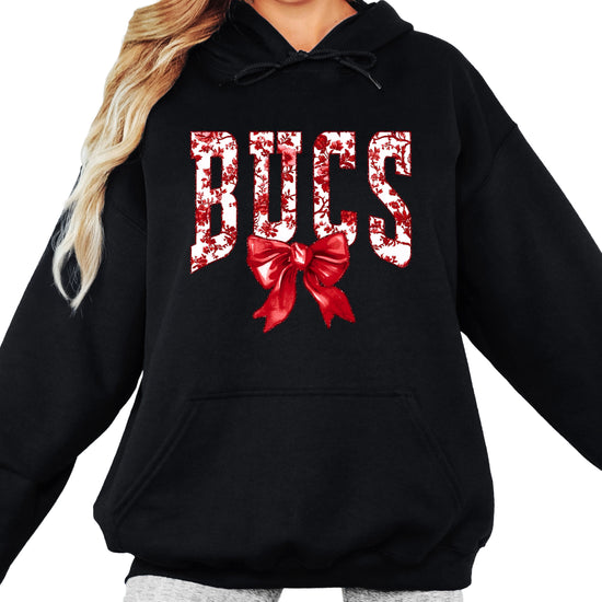 Black hoodie detail of red and white floral BUCS letters