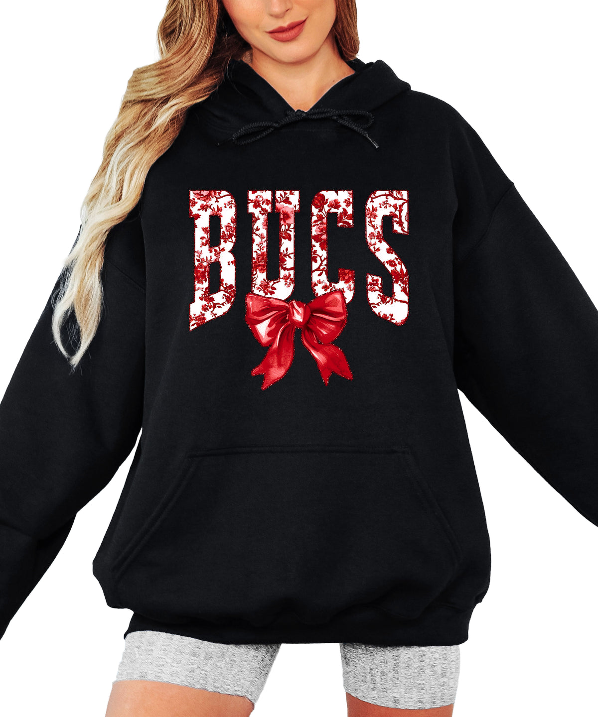 Black hoodie detail of red and white floral BUCS letters