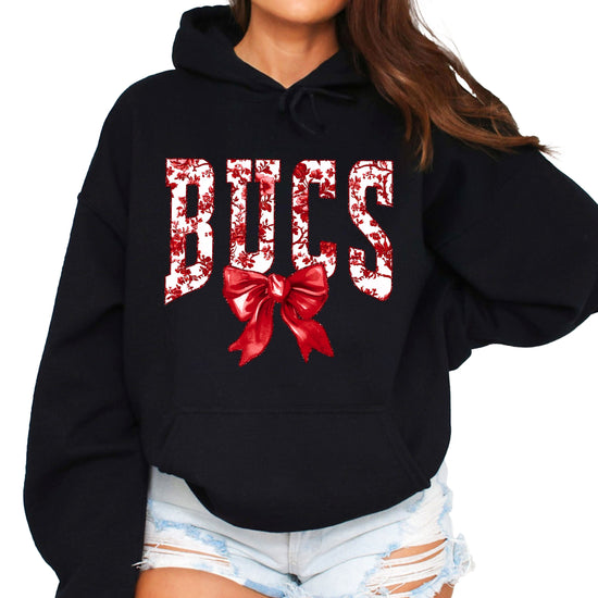Black hoodie styled flat lay school spirit pullover