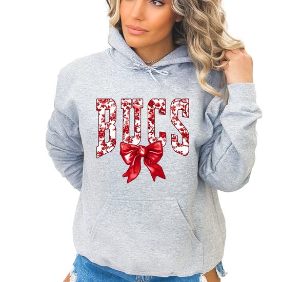 Gray hoodie front view with red floral BUCS varsity lettering and red bow