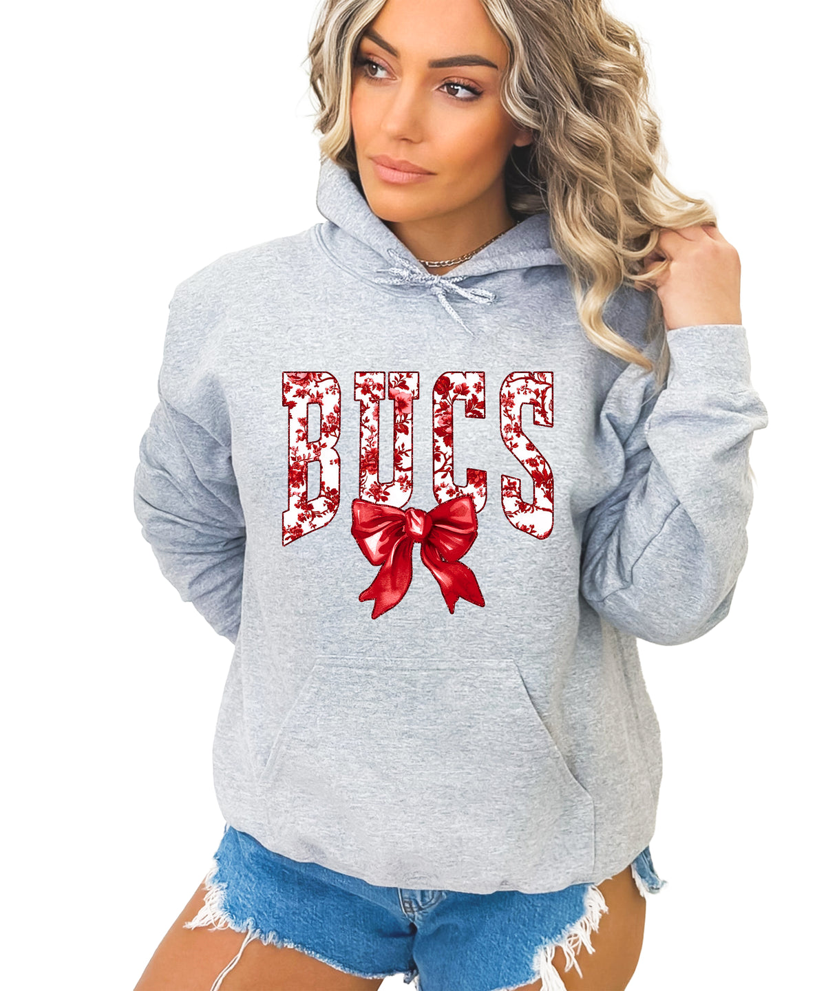 Gray hoodie front view with red floral BUCS varsity lettering and red bow