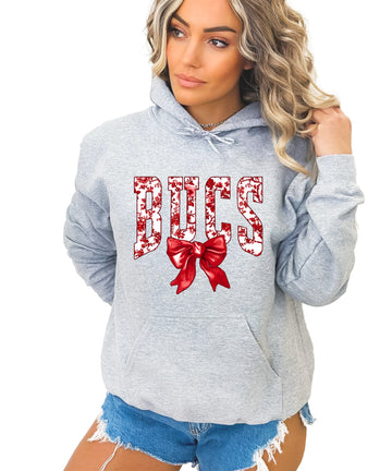 Gray hoodie front view with red floral BUCS varsity lettering and red bow