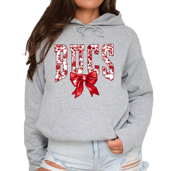 Gray hoodie detail of red and white floral BUCS letters