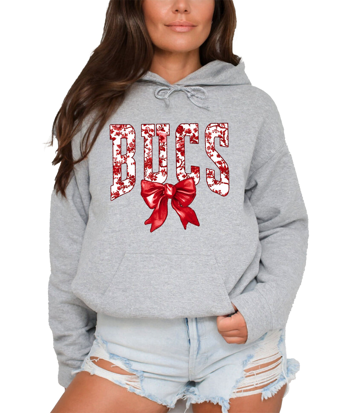 Gray hoodie detail of red and white floral BUCS letters