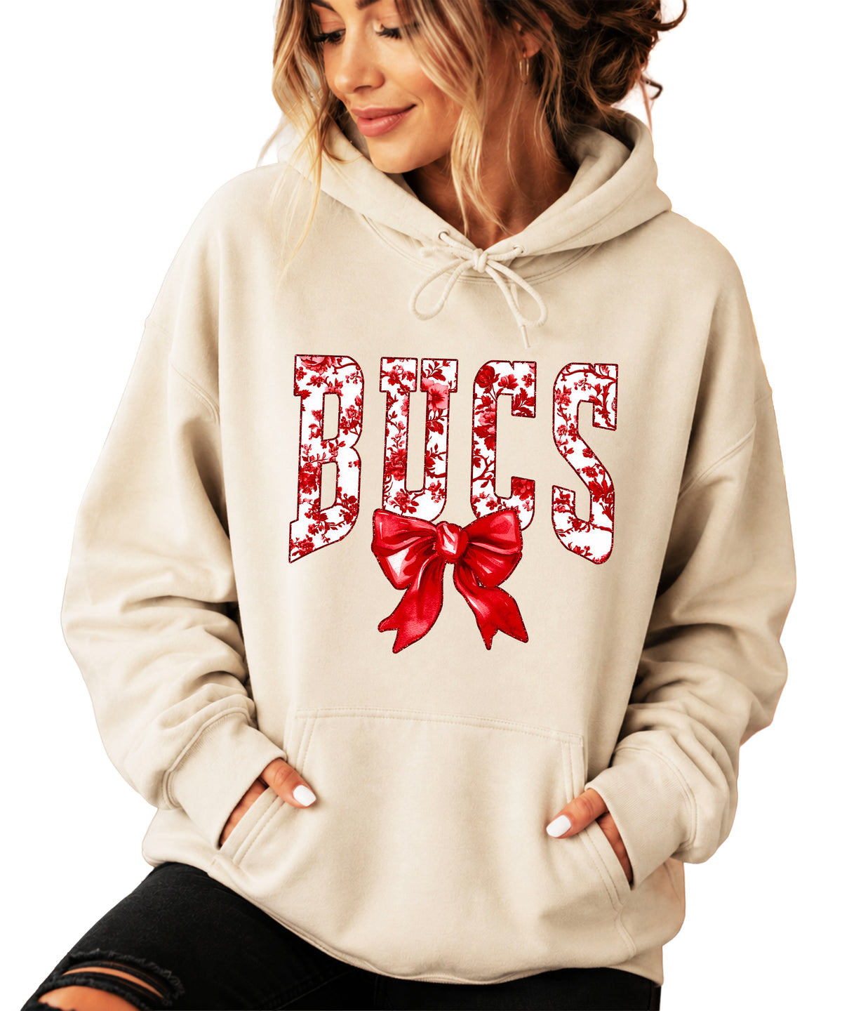 Sand hoodie detail of red and white floral BUCS letters