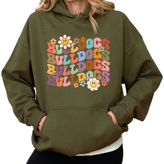 Bulldogs groovy retro school spirit hoodie in Army Green - front view