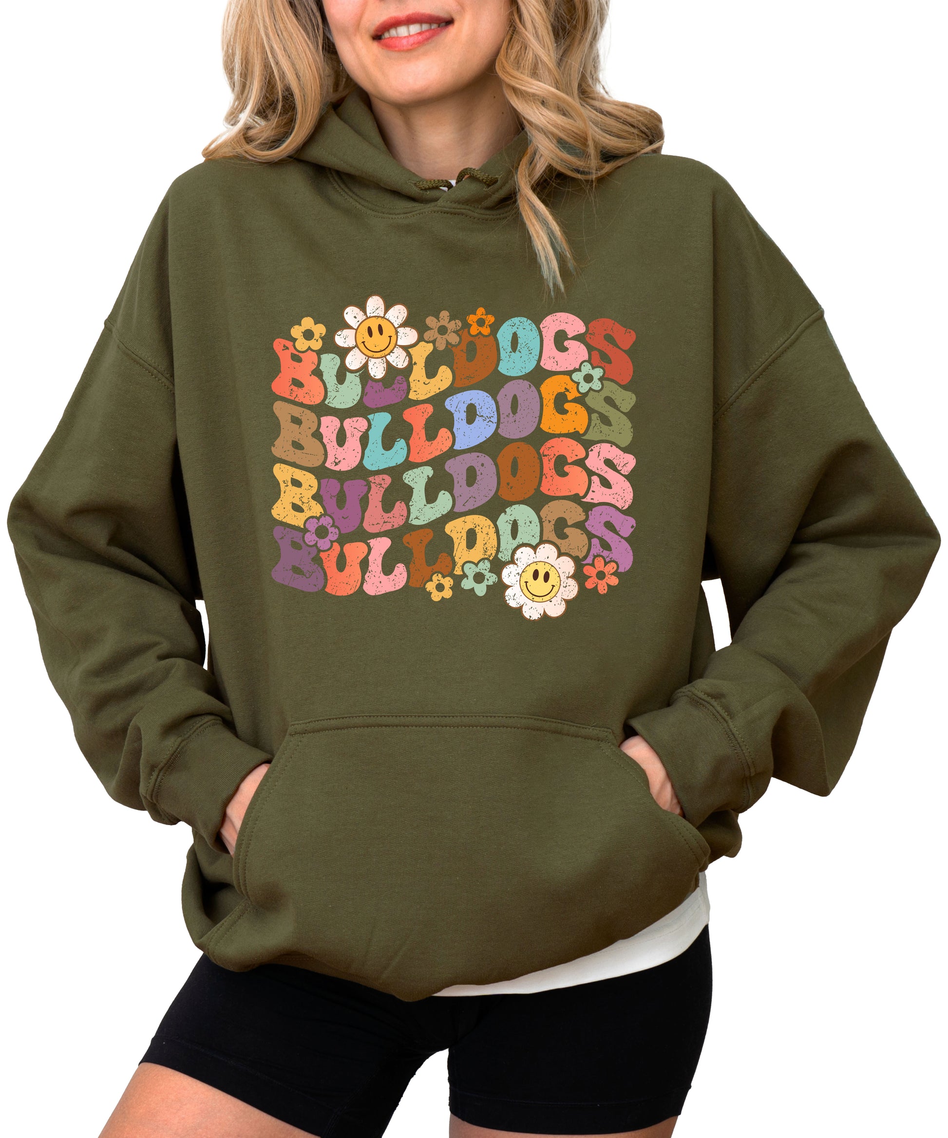 Bulldogs groovy retro school spirit hoodie in Army Green - front view