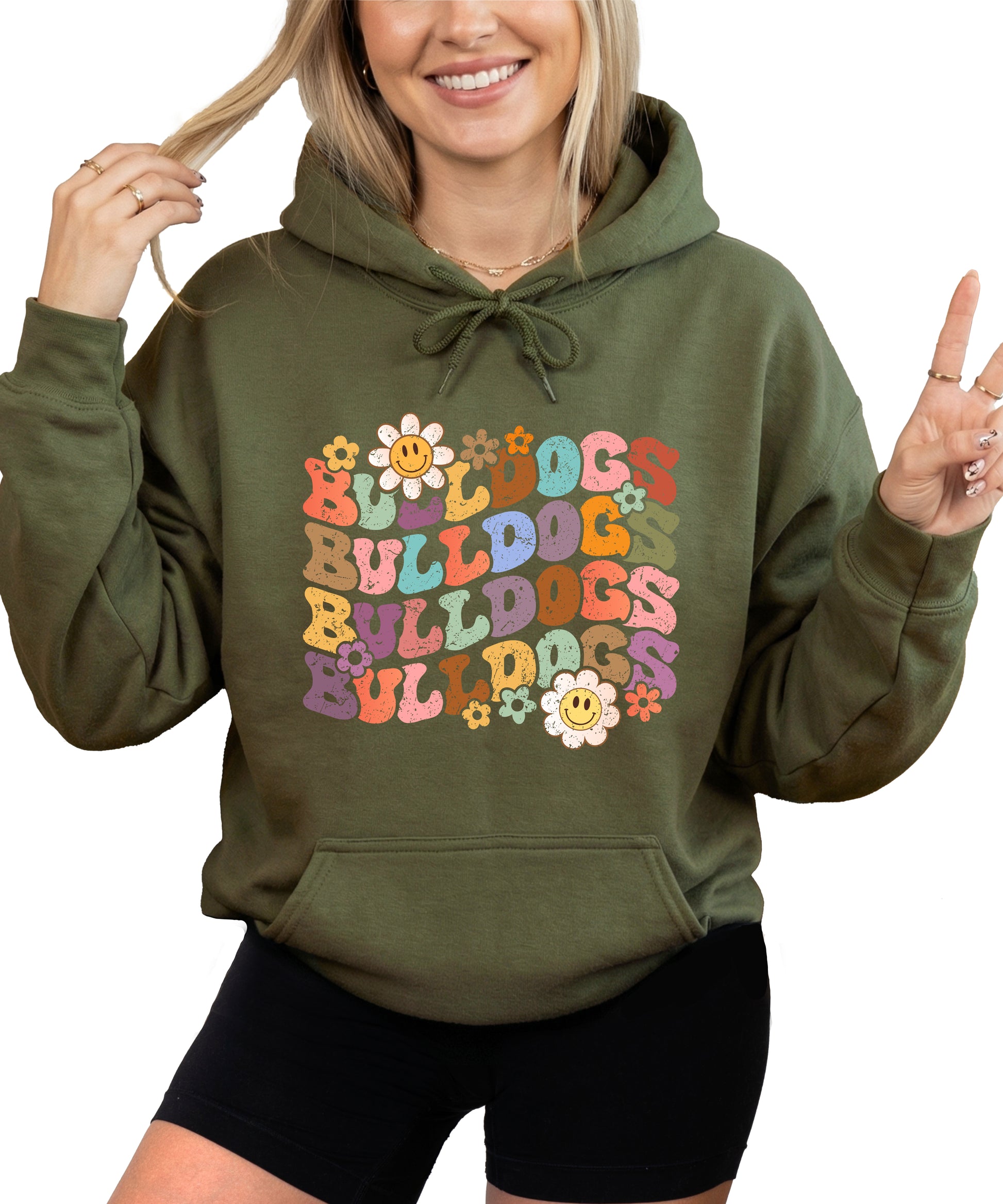 Bulldogs groovy retro school spirit hoodie in Army Green - view 2