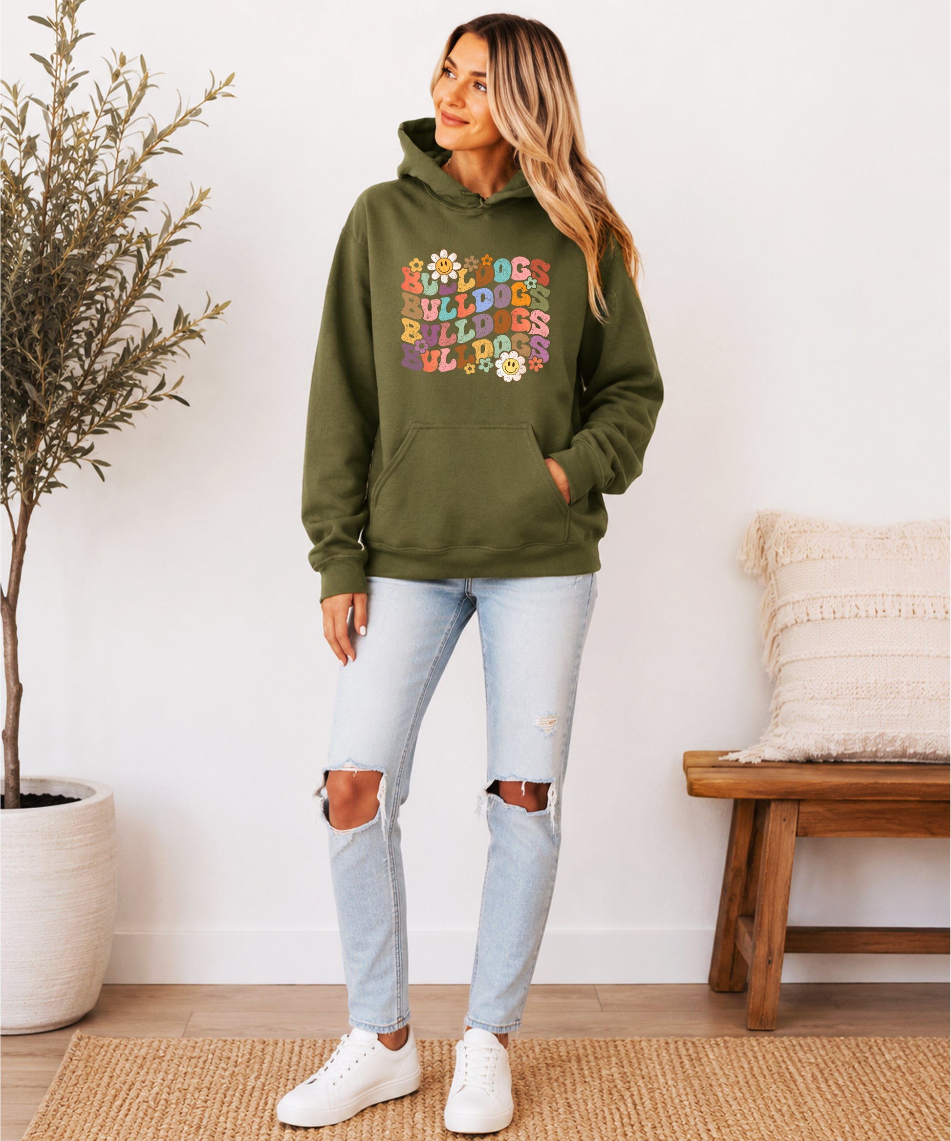 Bulldogs groovy retro school spirit hoodie in Army Green - view 4