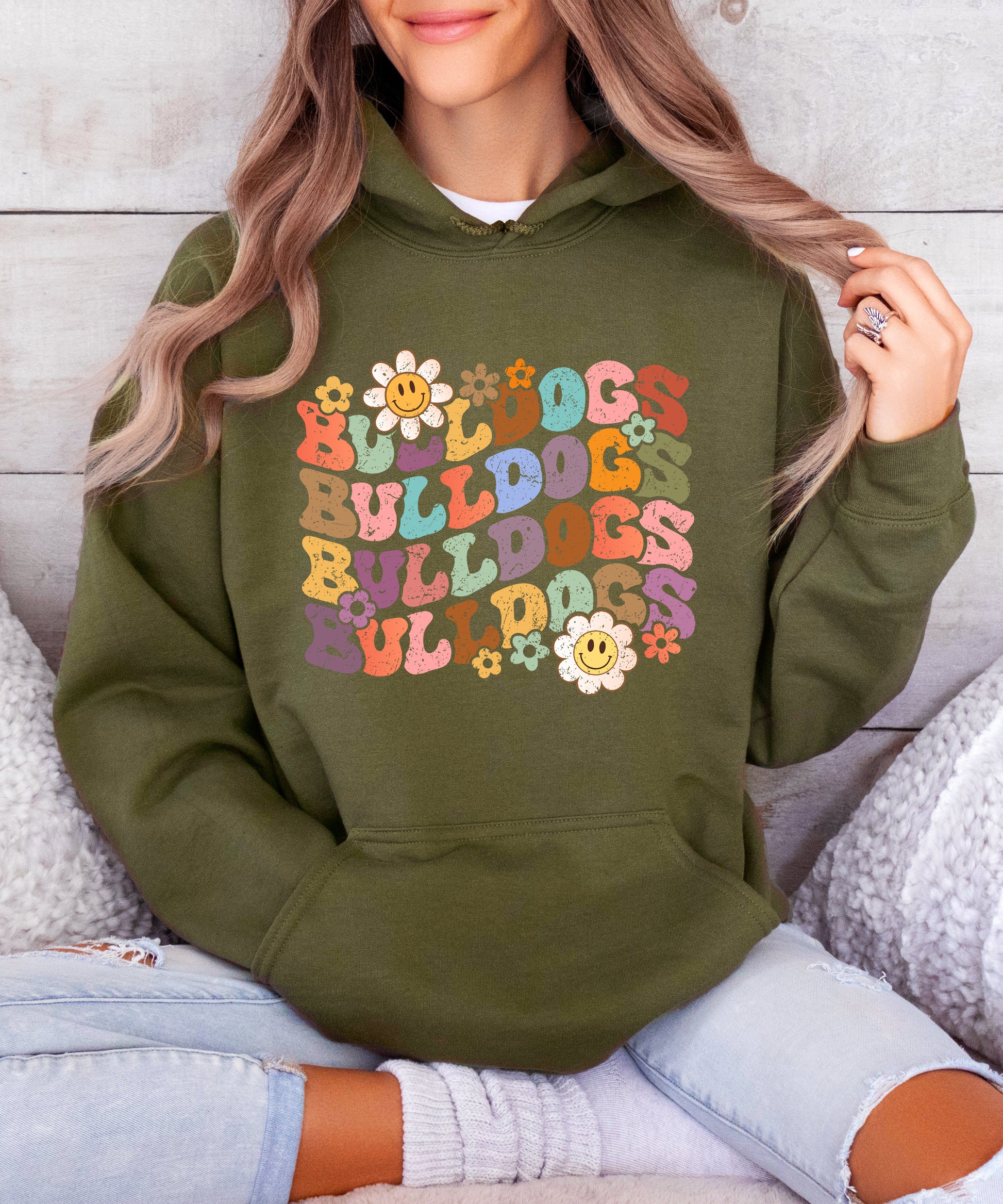 Bulldogs groovy retro school spirit hoodie in Army Green - view 5