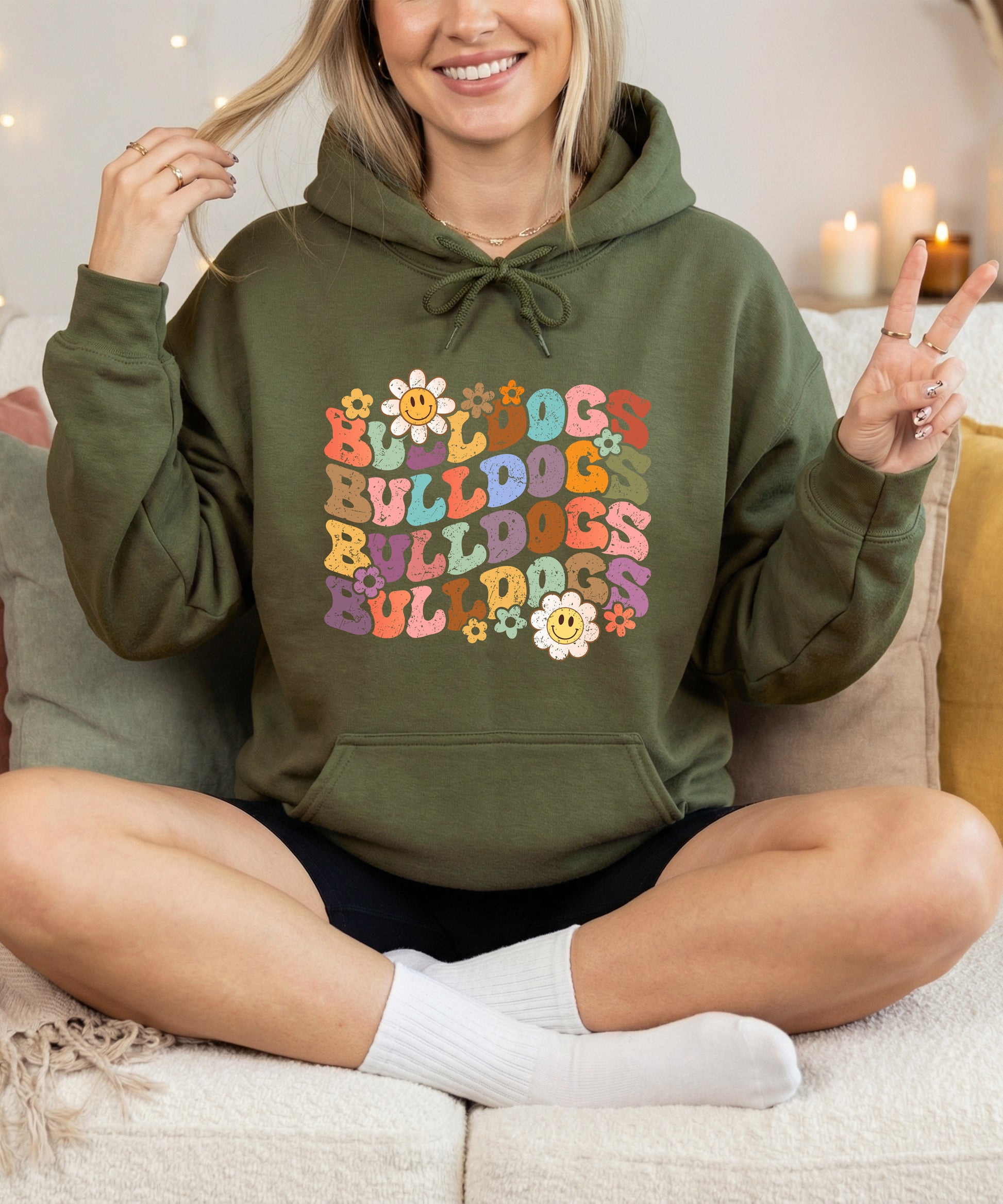 Bulldogs groovy retro school spirit hoodie in Army Green - view 6