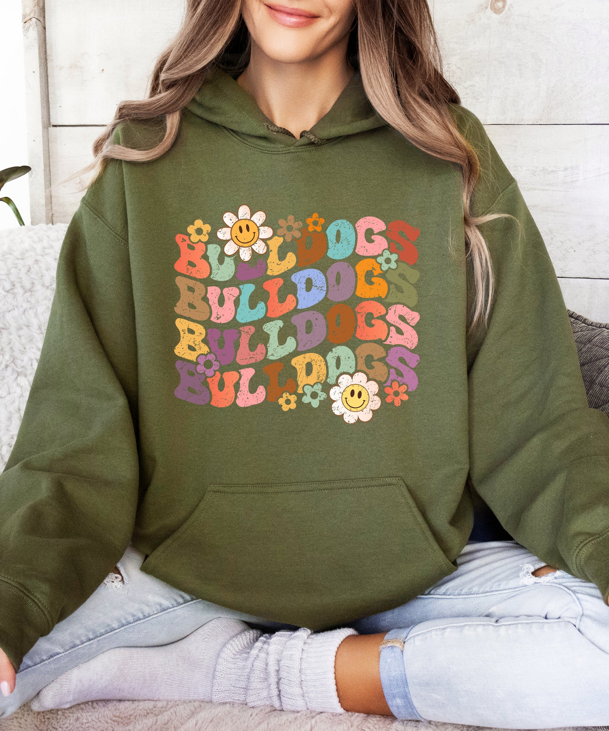 Bulldogs groovy retro school spirit hoodie in Army Green - view 7