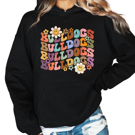 Bulldogs groovy retro school spirit hoodie in Black - front view