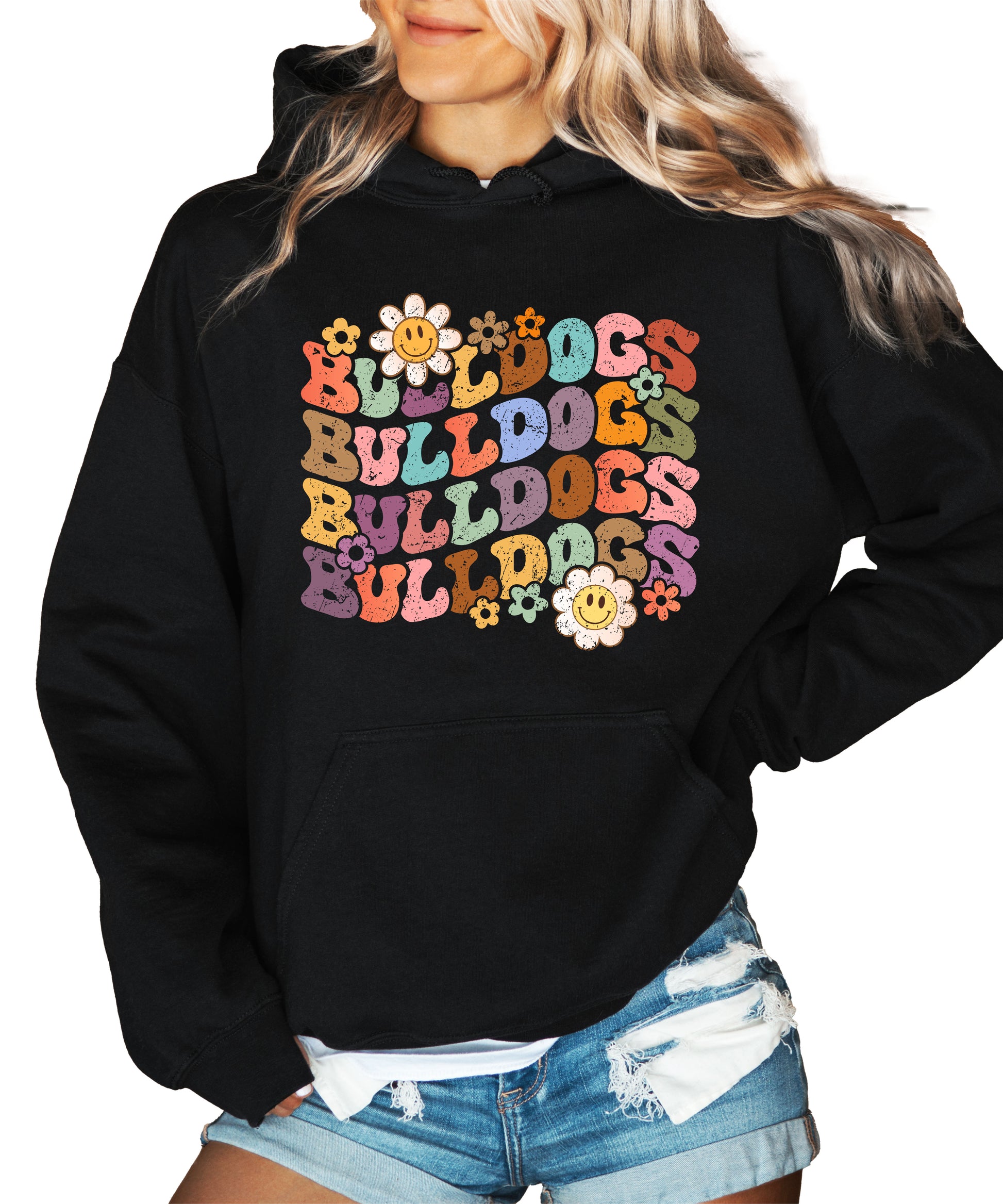 Bulldogs groovy retro school spirit hoodie in Black - front view