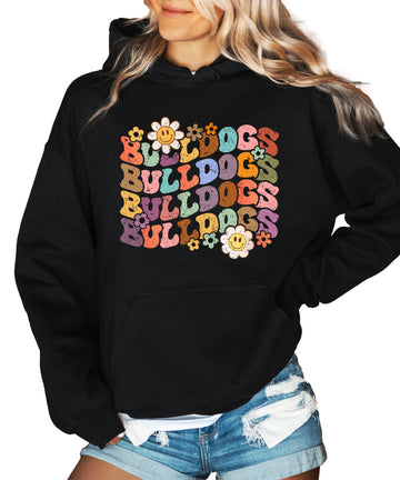 Bulldogs groovy retro school spirit hoodie in Black - front view