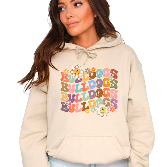 Bulldogs groovy retro school spirit hoodie in Sand - front view