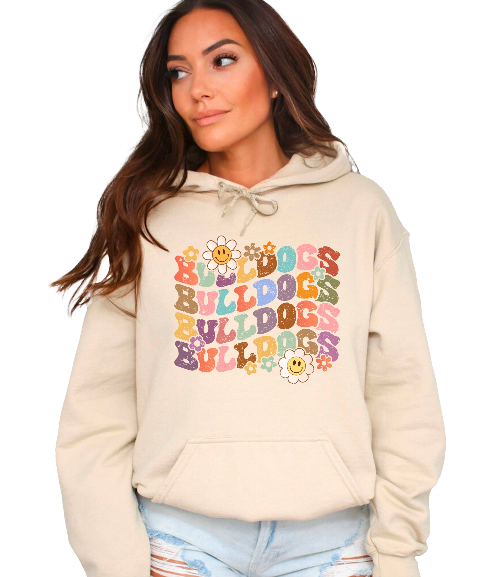 Bulldogs groovy retro school spirit hoodie in Sand - front view