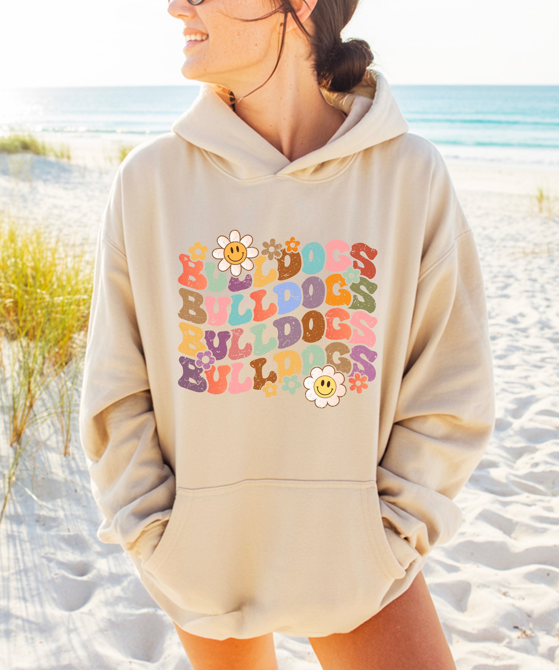 Bulldogs groovy retro school spirit hoodie in Sand - view 4