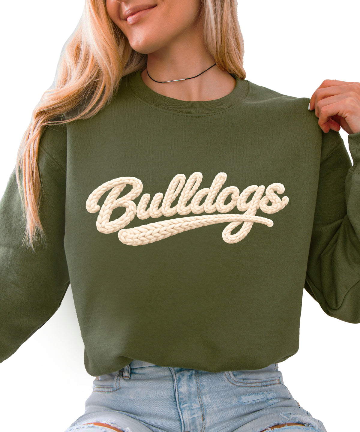 Bulldogs game day sweatshirt ink-printed yarn look in Army Green, view 1
