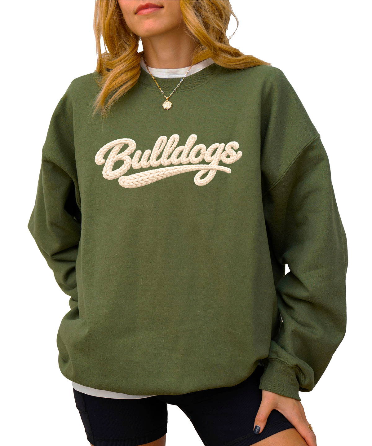 Bulldogs game day sweatshirt ink-printed yarn look in Army Green, view 2