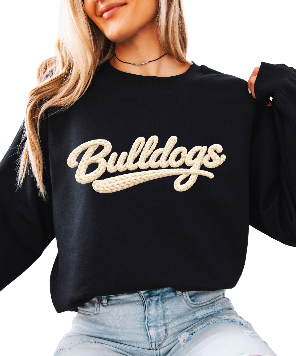 Bulldogs game day sweatshirt ink-printed yarn look in Black, view 2