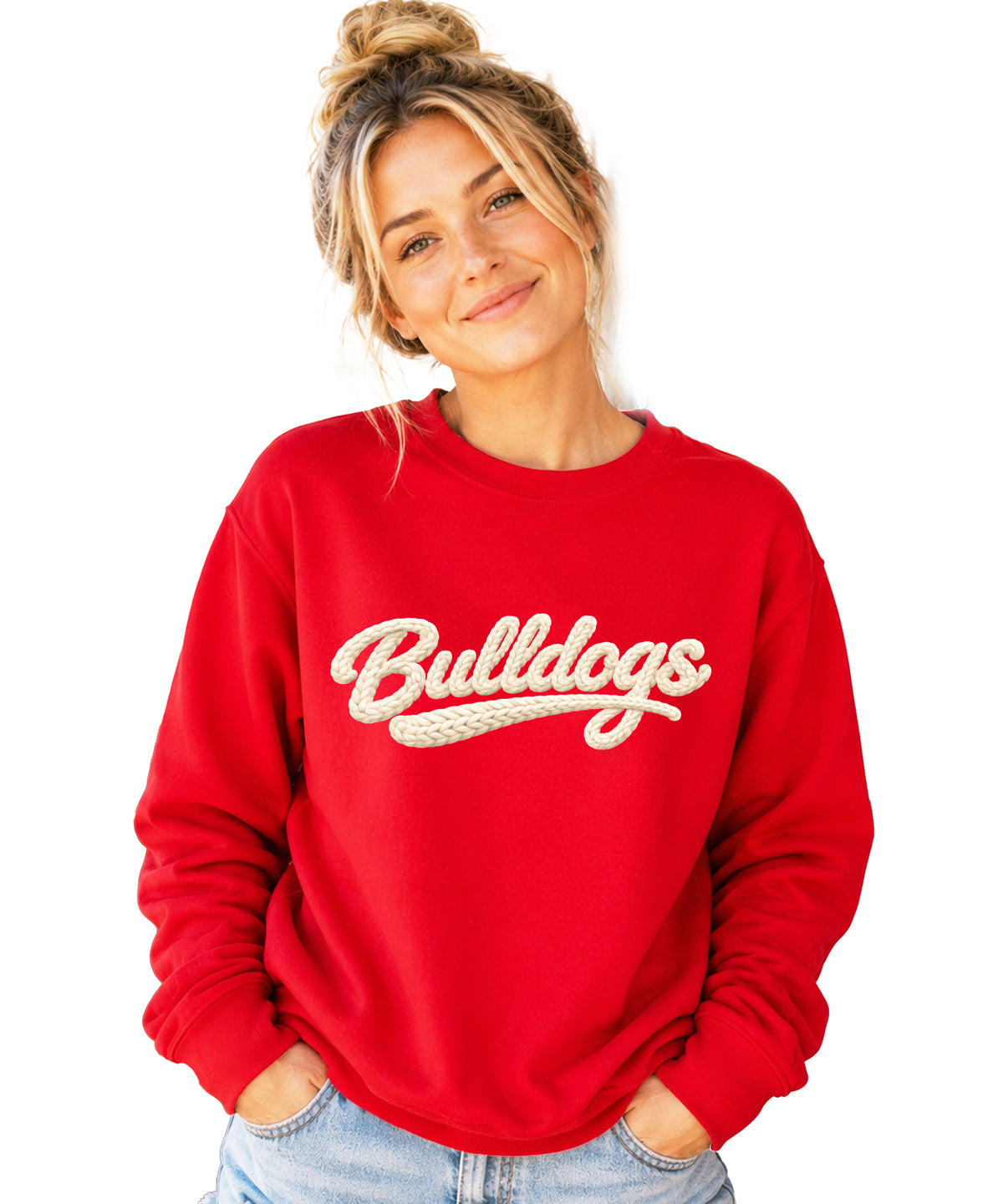 Bulldogs game day sweatshirt ink-printed yarn look in Red, view 1