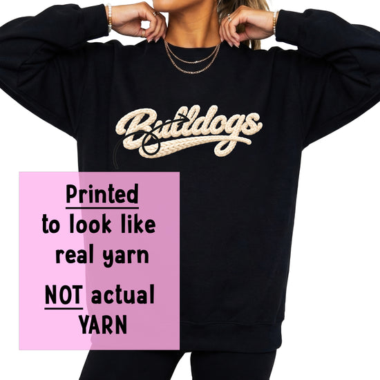 Bulldogs yarn-look script sweatshirt close-up of the ink-printed graphic