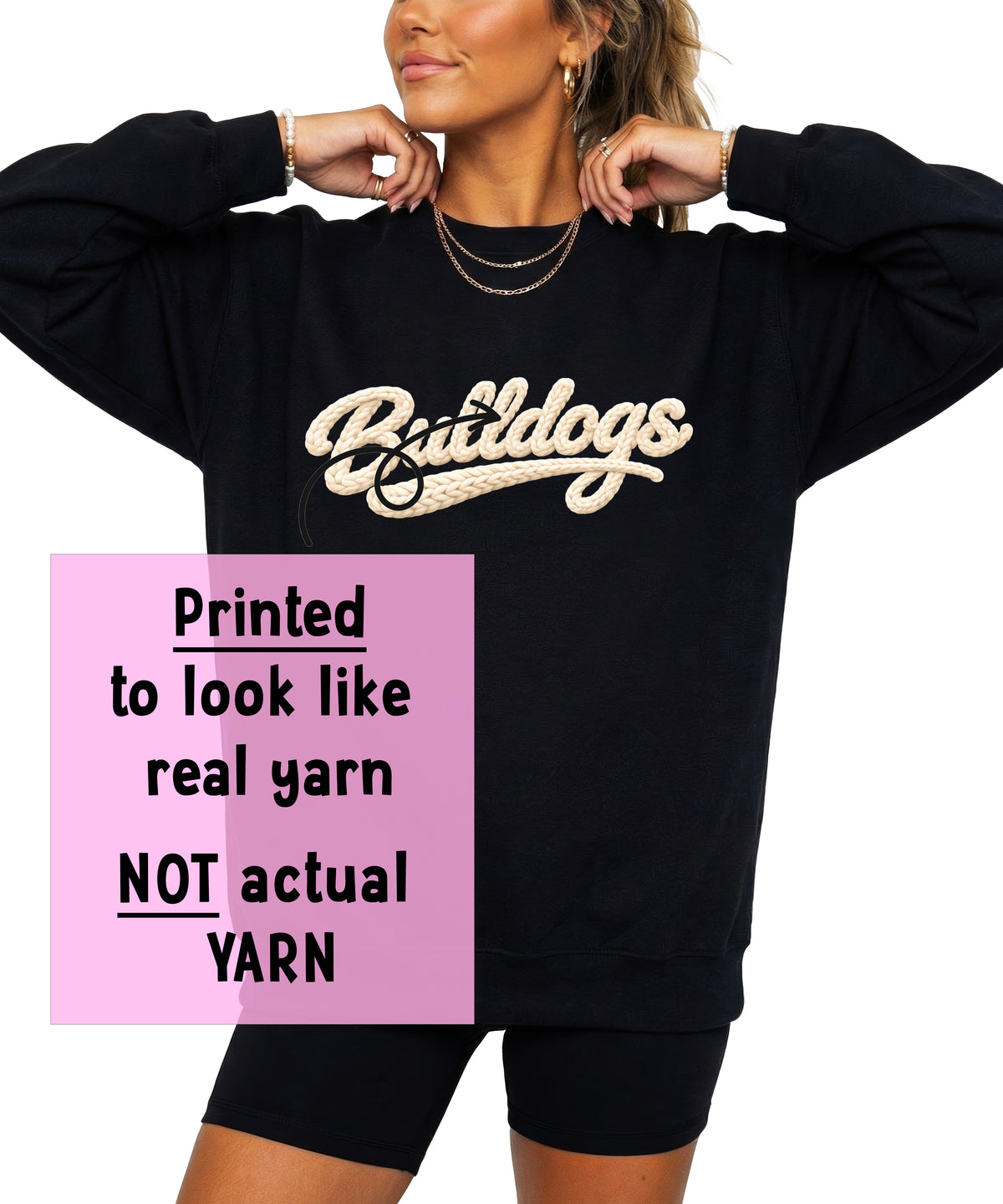 Bulldogs yarn-look script sweatshirt close-up of the ink-printed graphic