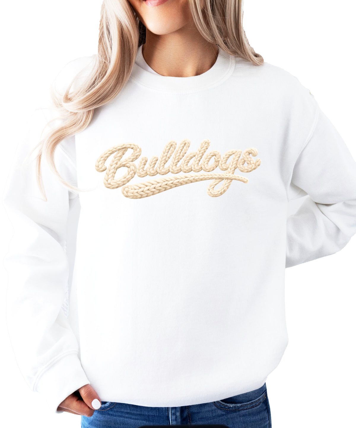Bulldogs game day sweatshirt ink-printed yarn look in White, view 1