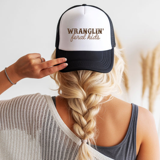 Wranglin' Feral Kids Trucker Hat for Mom and Dad Funny Western Style Cap for Women and Men
