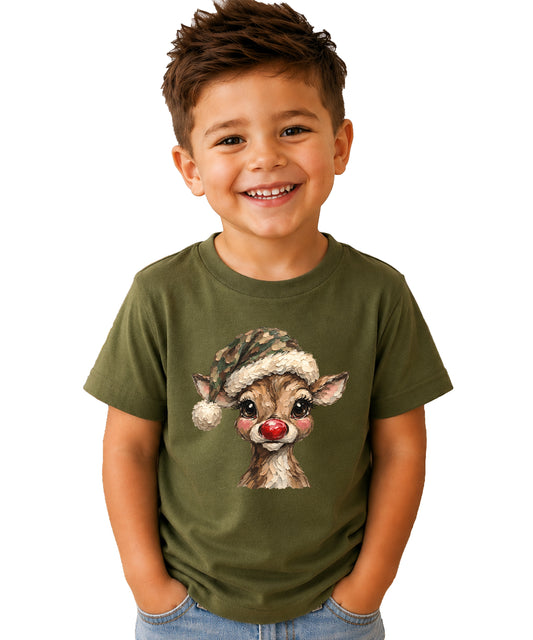 Camo reindeer Christmas shirt for toddler boys and girls, Military Green