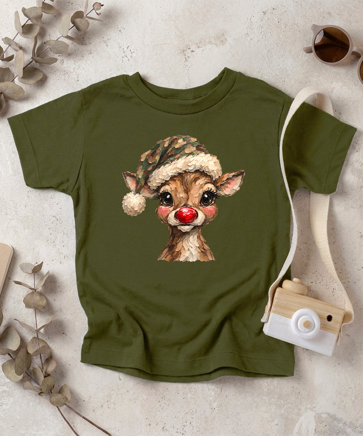 Camo reindeer Christmas shirt for toddler boys and girls, Military Green