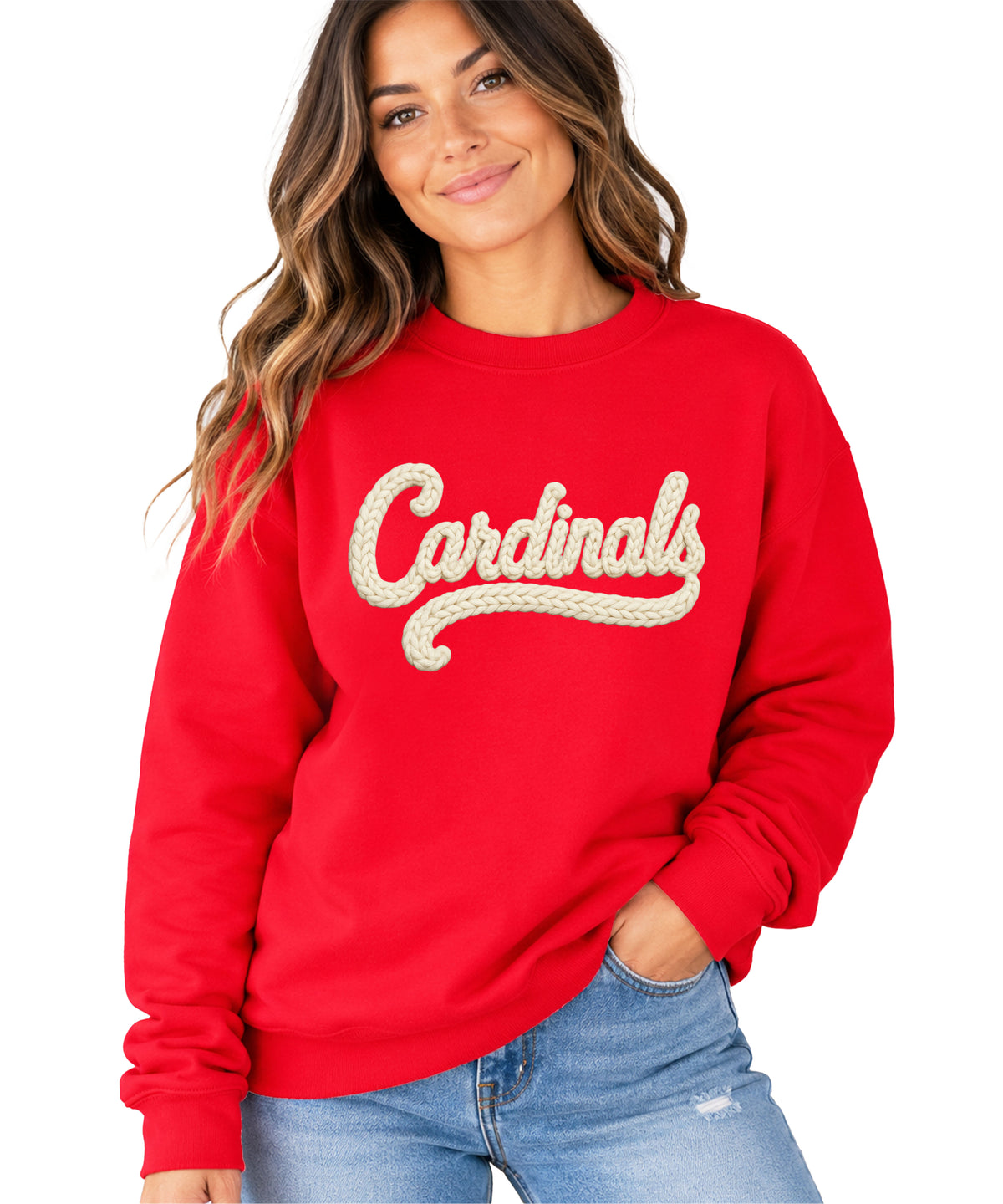 Cardinals yarn look crewneck sweatshirt for women in Red